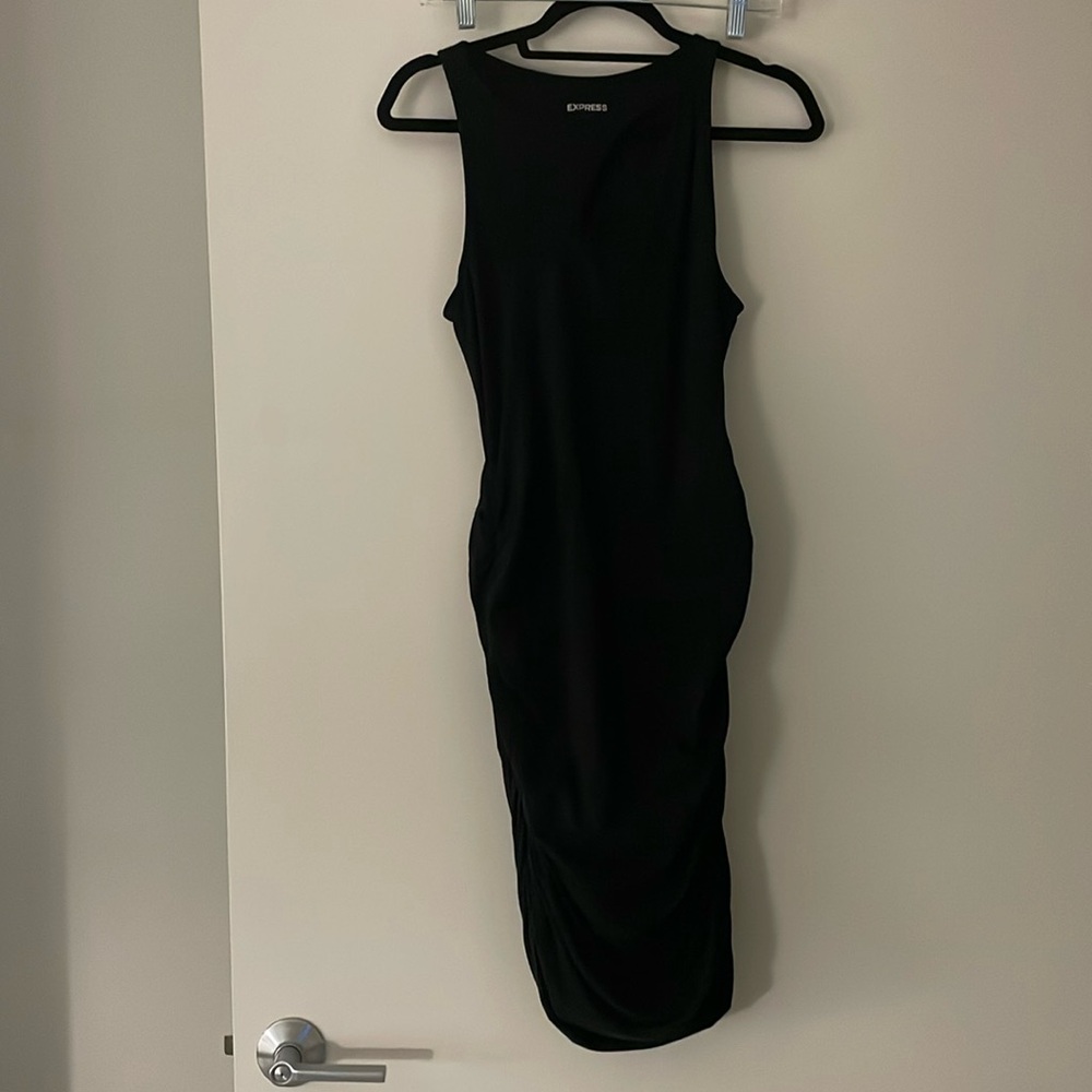 Express black bodycon ruched midi dress with cutout
